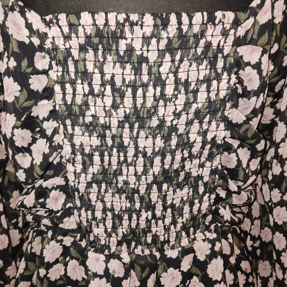 American Eagle Floral Ruched Peplum Babydoll Top Blouse XL Black Pink - Picture 6 of 7